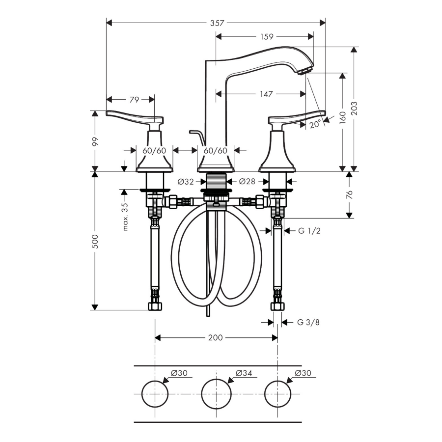 Mitigeur de lavabo 3 trous 160 HANSGROHE Metropol Classic