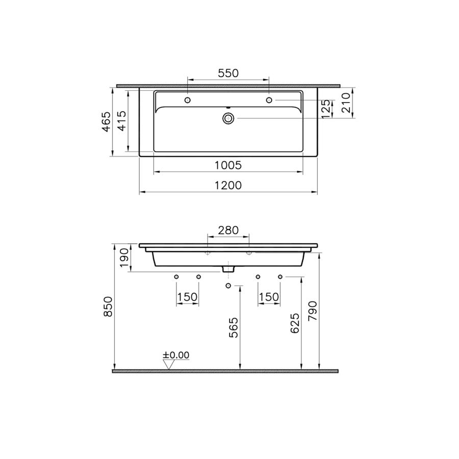 Plan de toilette VITRA Integra 120x47 - 2 robinets