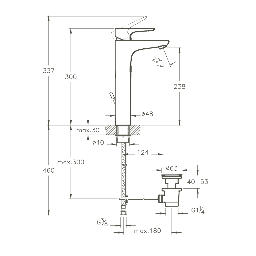 Robinet de lavabo pour vasque VITRA X-Line BlueEco & BlueStep avec une garniture de vidage 12 l/min