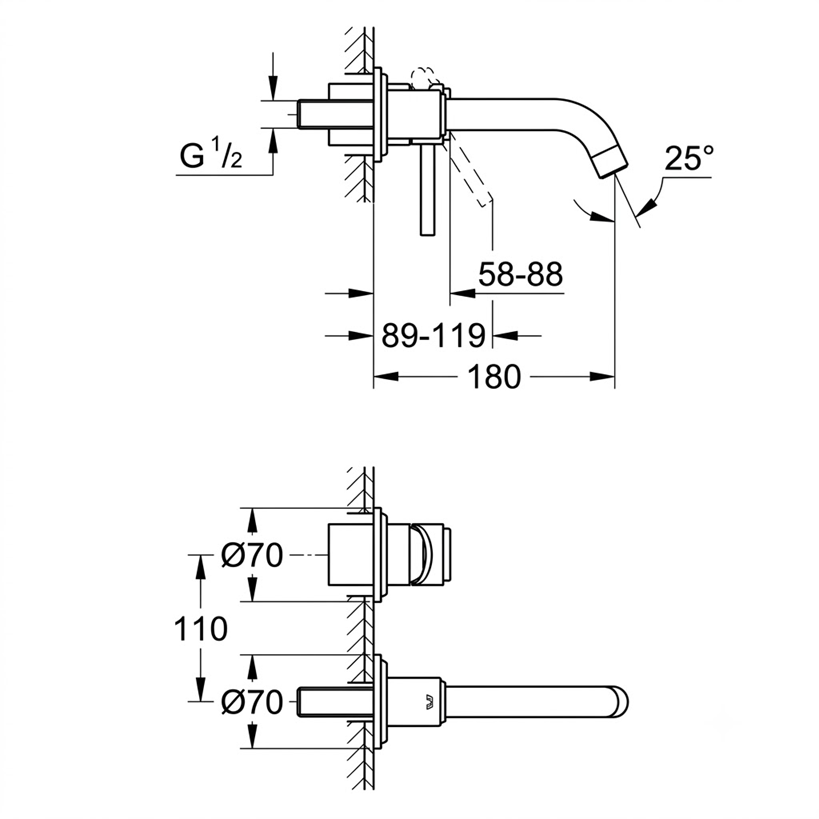 Robinet mural encastré de lavabo 2 trous GROHE Atrio avec corps d'encastrement