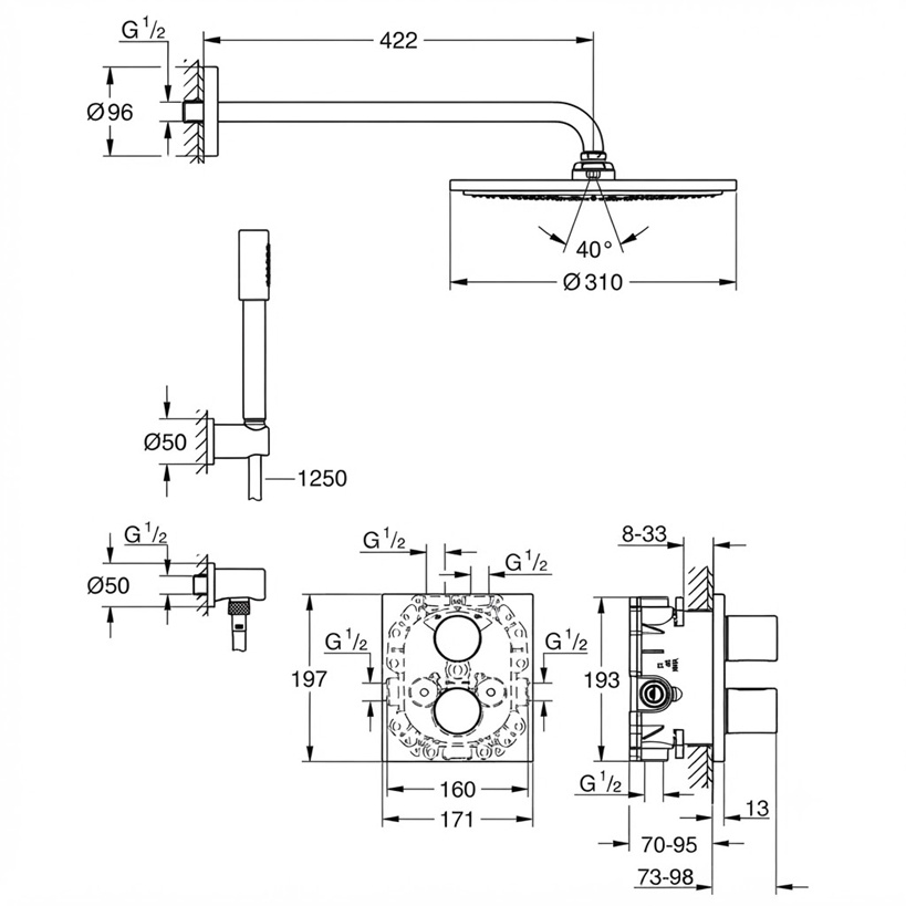 Ensemble de douche thermostatique encastré GROHE Grohtherm 3000 Cosmopolitan Perfect avec Rainshower Cosmopolitan 310