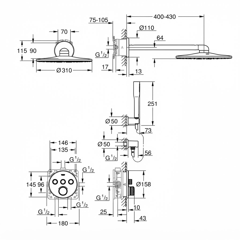 Ensemble de douche thermostatique encastré GROHE Grohtherm SmartControl Perfect avec Rainshower SmartActive 310